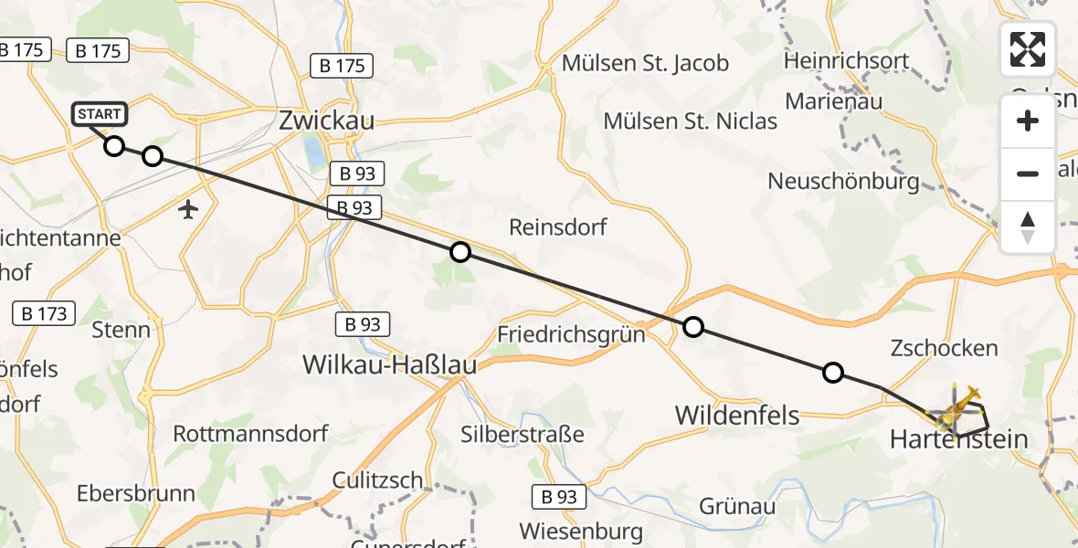 Flugroute Rettungshubschrauber ADAC Air Rescue Station Zwickau Hubschrauberlandeplatz - Hartenstein, 21 Mai 2026, 13:57