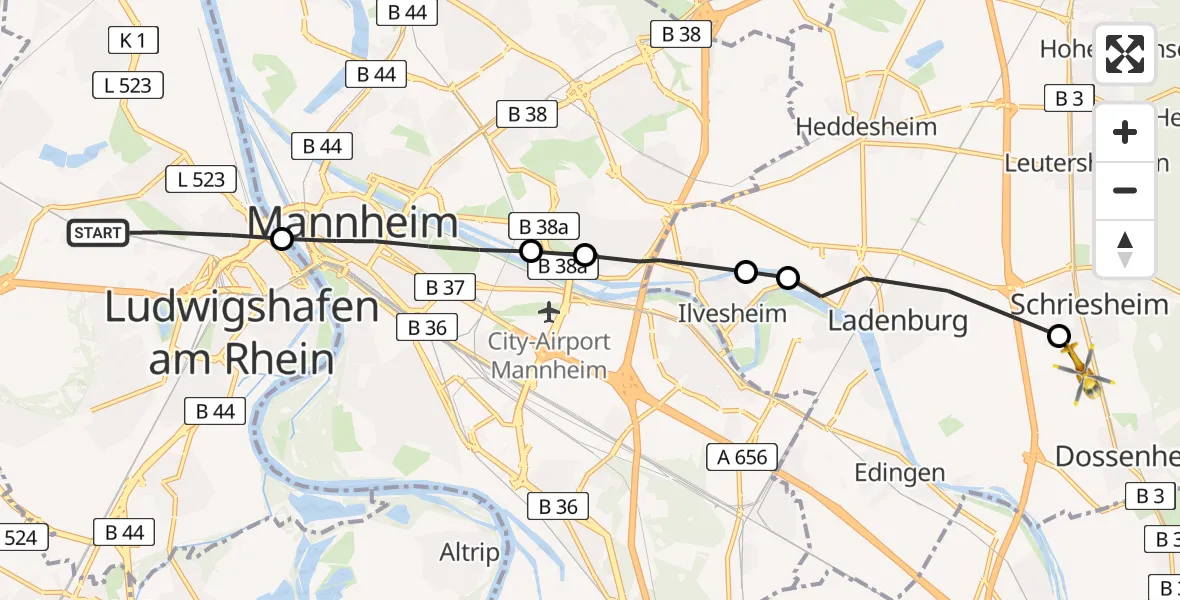 Flugroute Rettungshubschrauber Ludwigshafen am Rhein - Schriesheim, 21 Mai 2026, 14:03