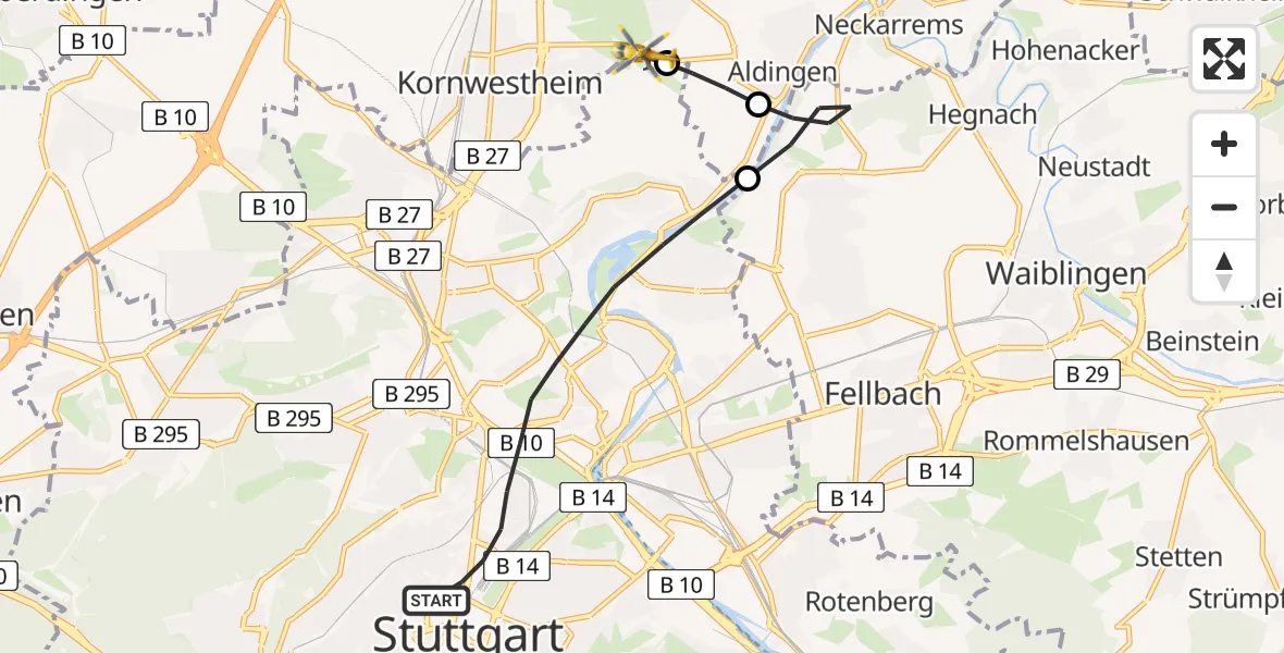 Flugroute Rettungshubschrauber Stuttgart - Pattonville Flugplatz, 21 Mai 2026, 14:04