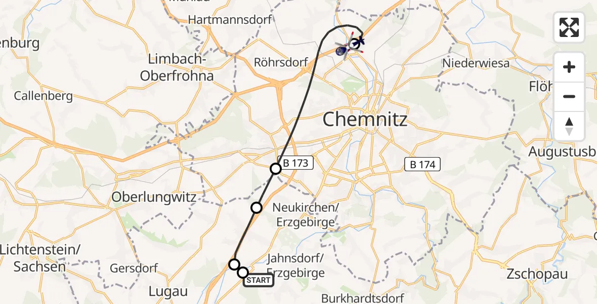 Flugroute Polizeihubschrauber Jahnsdorf/Erzgeb. - Chemnitz-Glösa Industrial Park Hubschrauberlandeplatz, 21 Mai 2026, 14:06
