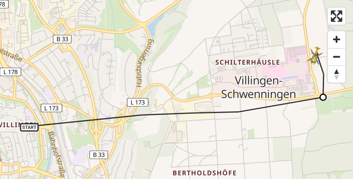 Flugroute Ambulanzhubschrauber Villingen-Schwenningen - DRF Air Rescue Station Villingen-Schwenningen Hubschrauberlandeplatz (Christoph 11), 21 Mai 2026, 14:08