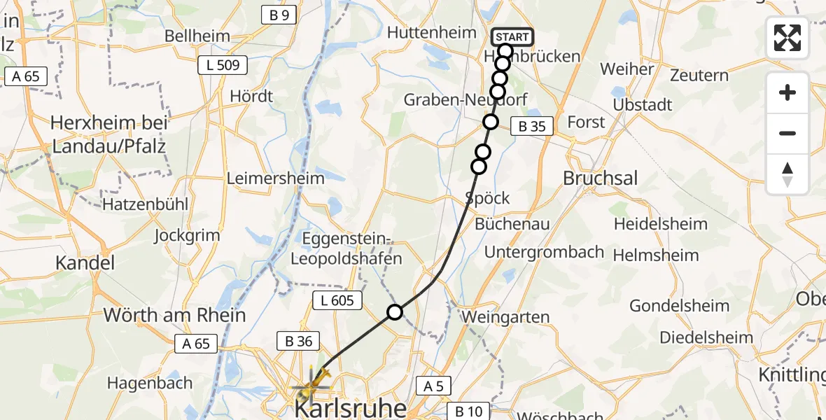 Flugroute Rettungshubschrauber Waghäusel - Karlsruhe, 21 Mai 2026, 14:14