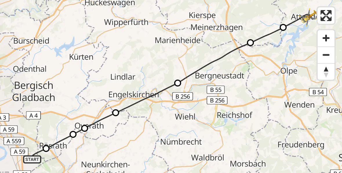 Flugroute Rettungshubschrauber Köln Bonn Flughafen - Attendorn, 21 Mai 2026, 14:20