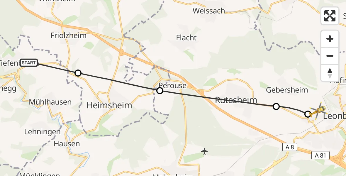Flugroute Rettungshubschrauber Tiefenbronn - Leonberg Hospital, 21 Mai 2026, 14:20
