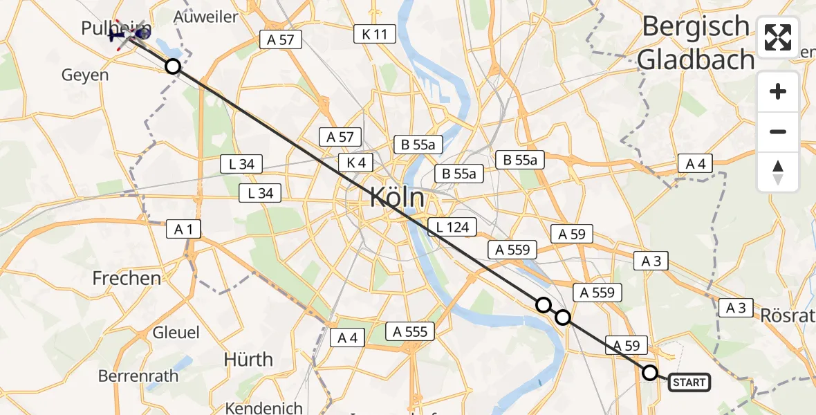 Flugroute Polizeihubschrauber Köln Bonn Flughafen - Pulheim, 21 Mai 2026, 14:24