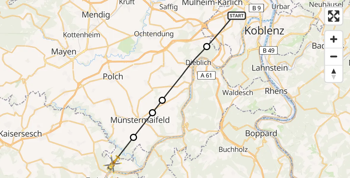 Flugroute Rettungshubschrauber Koblenz - Treis-Karden, 21 Mai 2026, 14:27