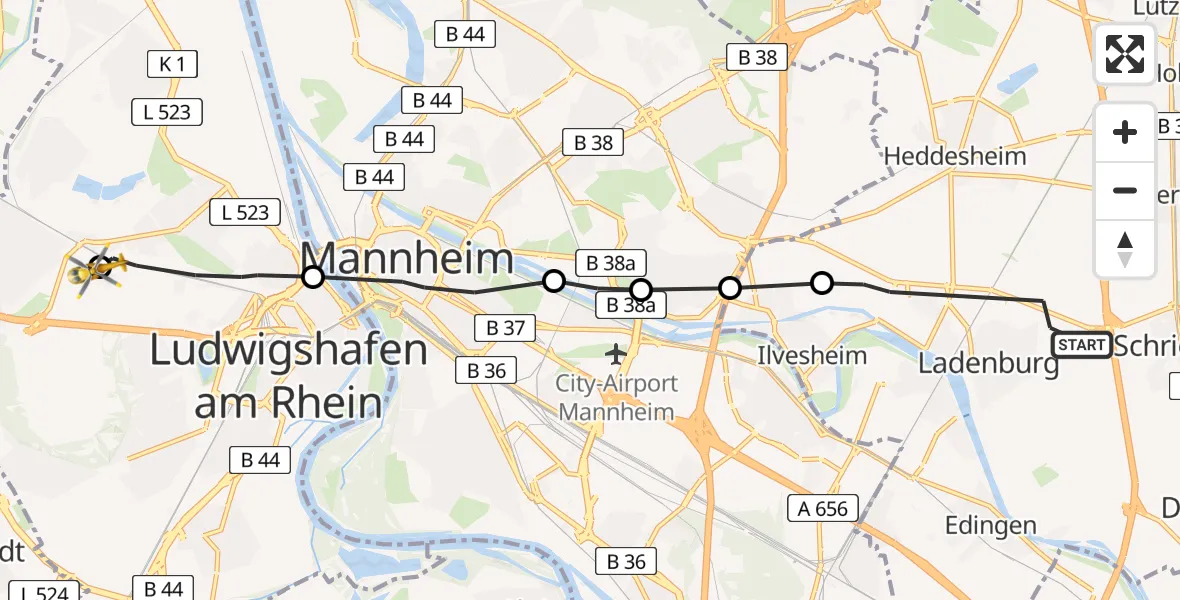 Flugroute Rettungshubschrauber Ladenburg - Ludwigshafen Accident Hospital, 21 Mai 2026, 14:32