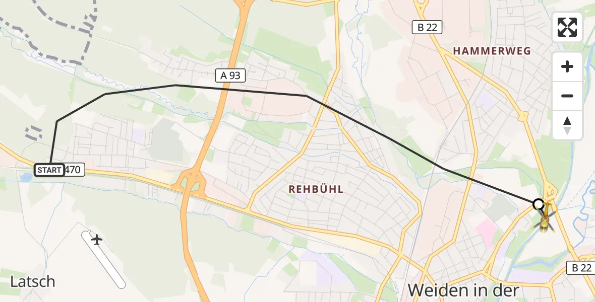 Flugroute Rettungshubschrauber Weiden i.d.OPf. - Weiden i.d.OPf., 21 Mai 2026, 14:32