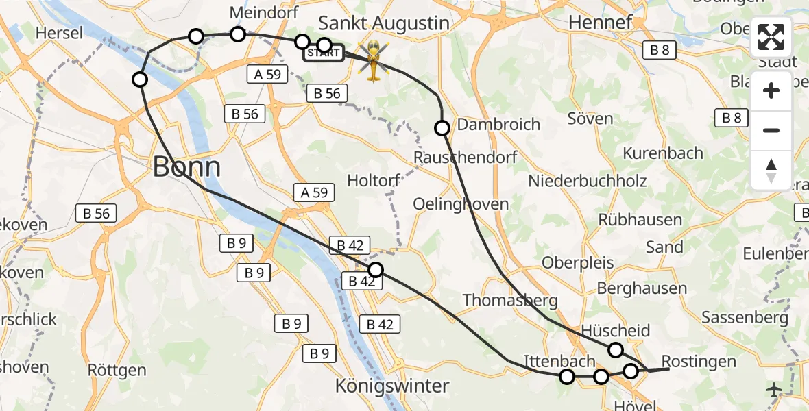 Flugroute Rettungshubschrauber Bonn-Hangelar Flugplatz - Sankt Augustin, 21 Mai 2026, 14:32