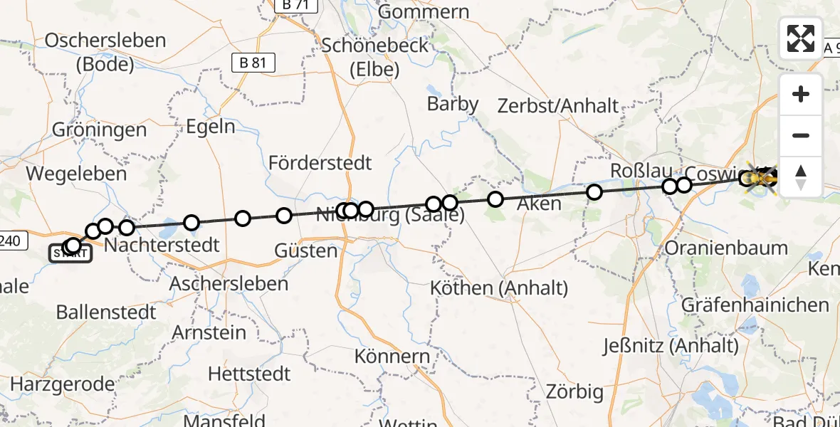 Flugroute Ambulanzhubschrauber Harz Hospital Quedlinburg - MediClin Heart Center Coswig Hubschrauberlandeplatz, 21 Mai 2026, 14:34