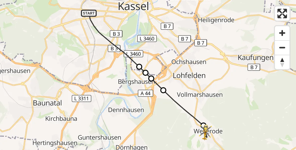 Flugroute Rettungshubschrauber Kassel - Söhrewald, 21 Mai 2026, 14:40