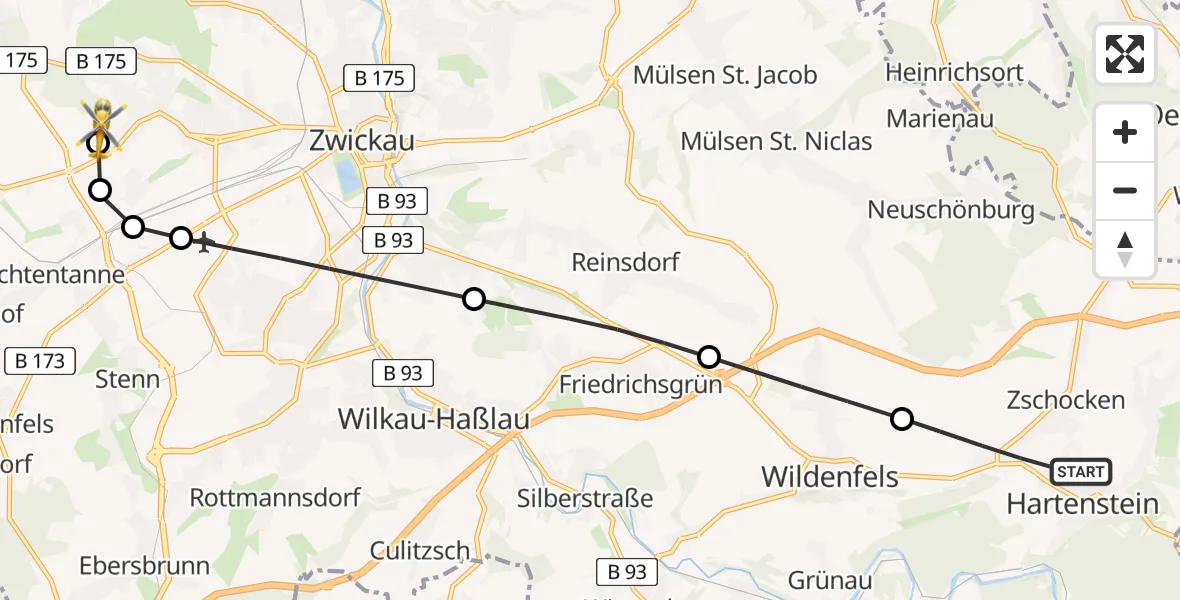 Flugroute Rettungshubschrauber Hartenstein - ADAC Air Rescue Station Zwickau Hubschrauberlandeplatz, 21 Mai 2026, 14:41