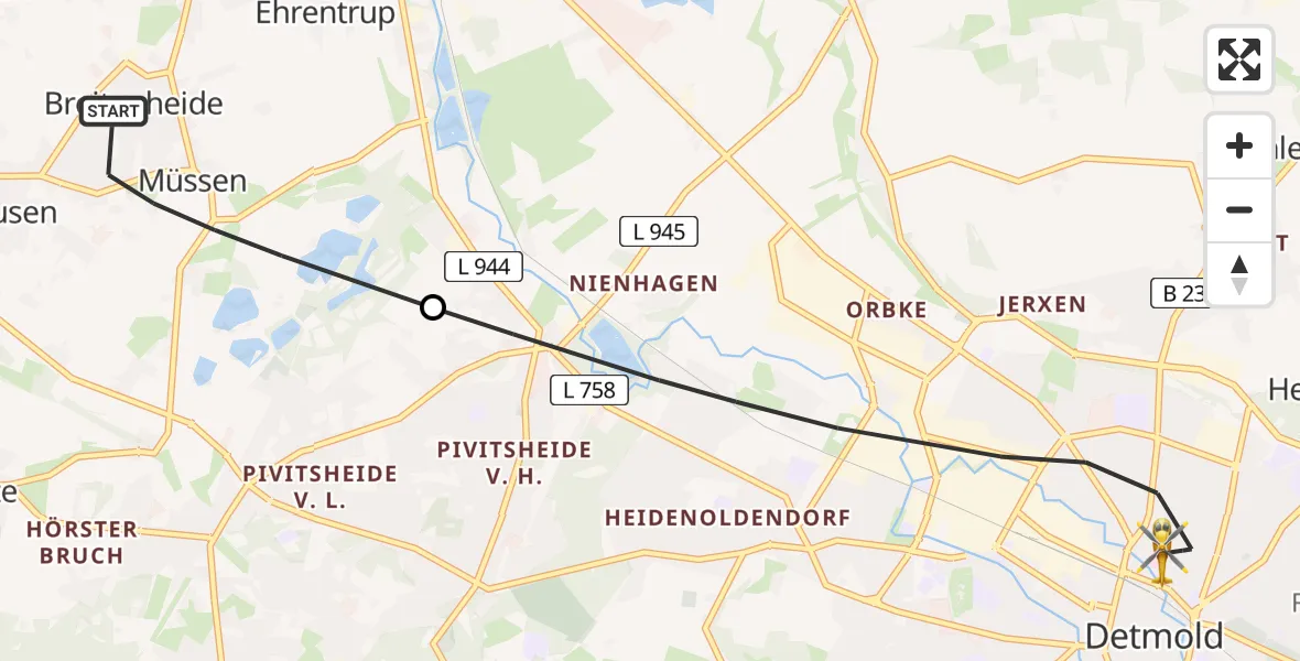 Flugroute Rettungshubschrauber Lage - Detmold, 21 Mai 2026, 14:43