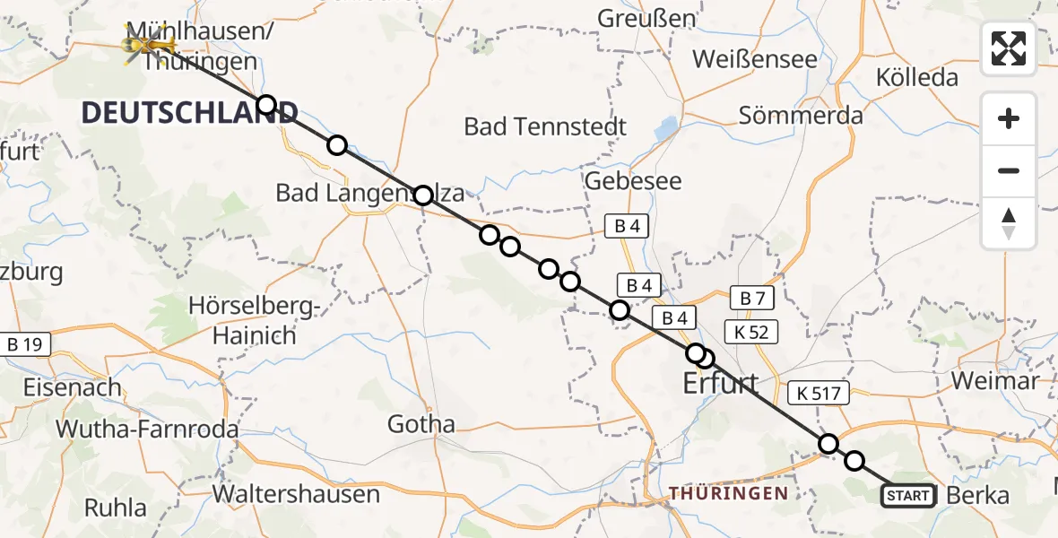 Flugroute Ambulanzhubschrauber Bad Berka - Mühlhausen/Thüringen, 21 Mai 2026, 14:48