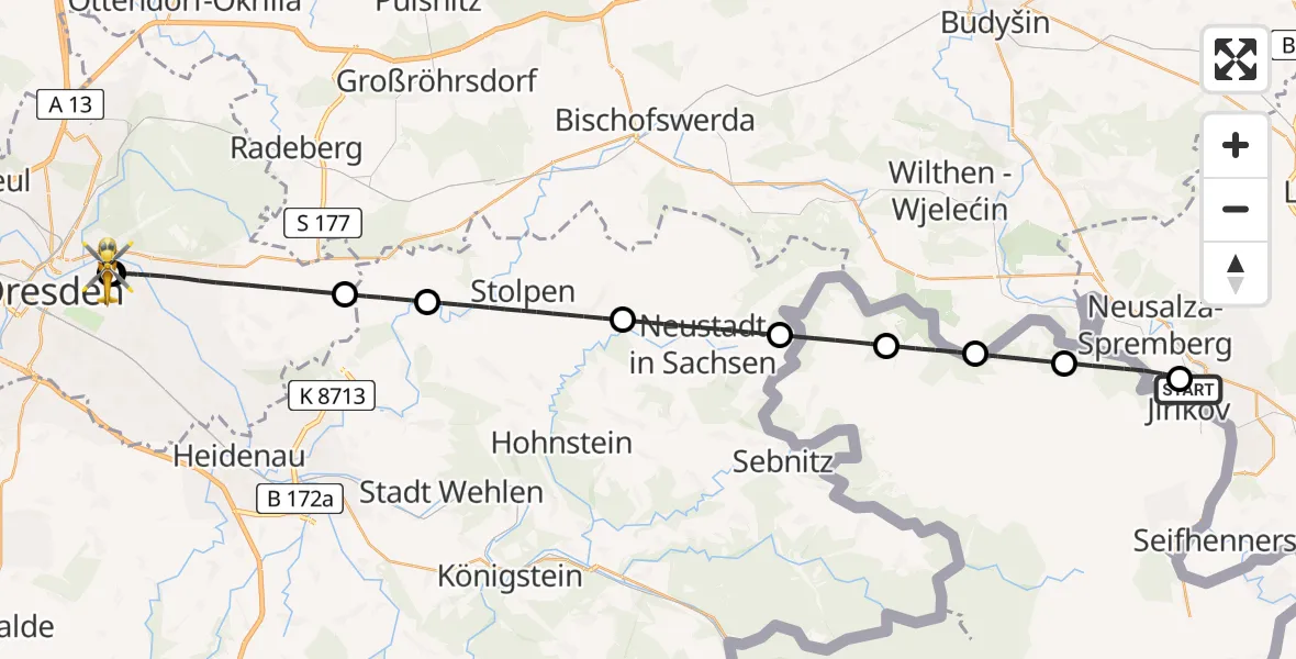 Flugroute Rettungshubschrauber Oberlausitzer Bergland Hospital - Dresden University Hospital, 21 Mai 2026, 14:51