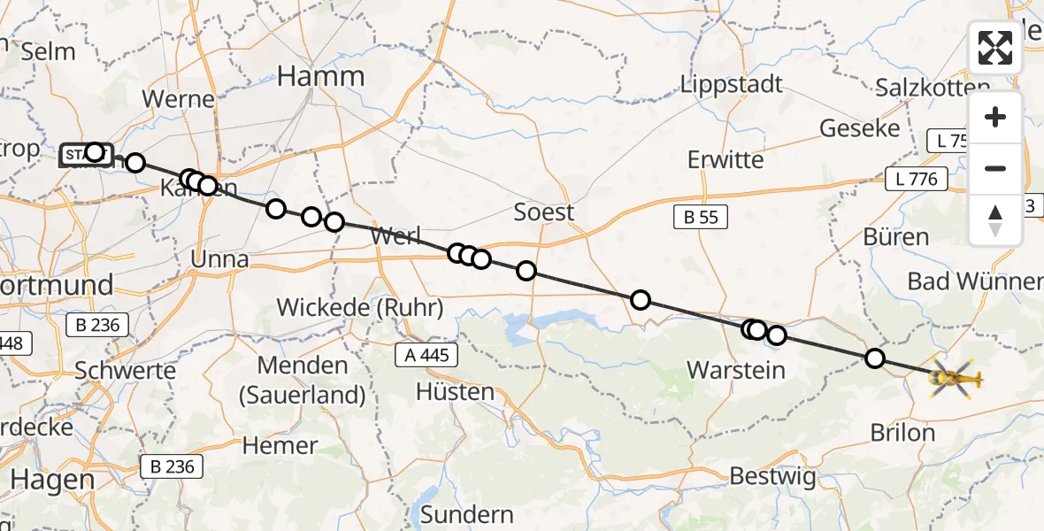 Flugroute Rettungshubschrauber Sankt Marien Hospital - Brilon, 21 Mai 2026, 14:51
