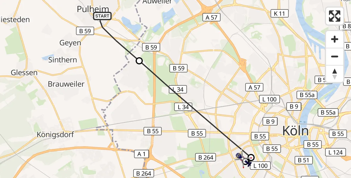 Flugroute Polizeihubschrauber Pulheim - Köln University Hospital, 21 Mai 2026, 14:53