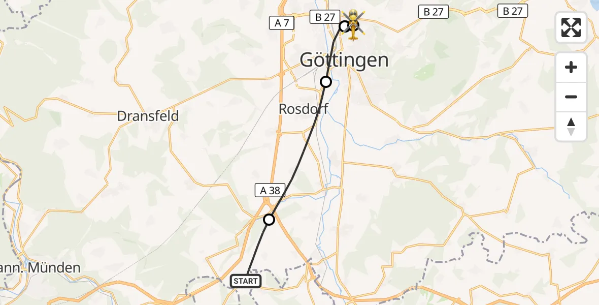 Flugroute Rettungshubschrauber Friedland - Göttingen University Clinic Hubschrauberlandeplatz, 21 Mai 2026, 14:55