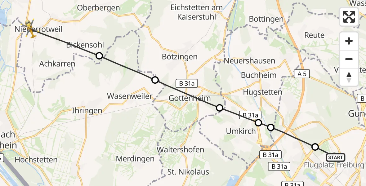 Flugroute Rettungshubschrauber Freiburg im Breisgau Flugplatz - Vogtsburg im Kaiserstuhl, 21 Mai 2026, 14:56