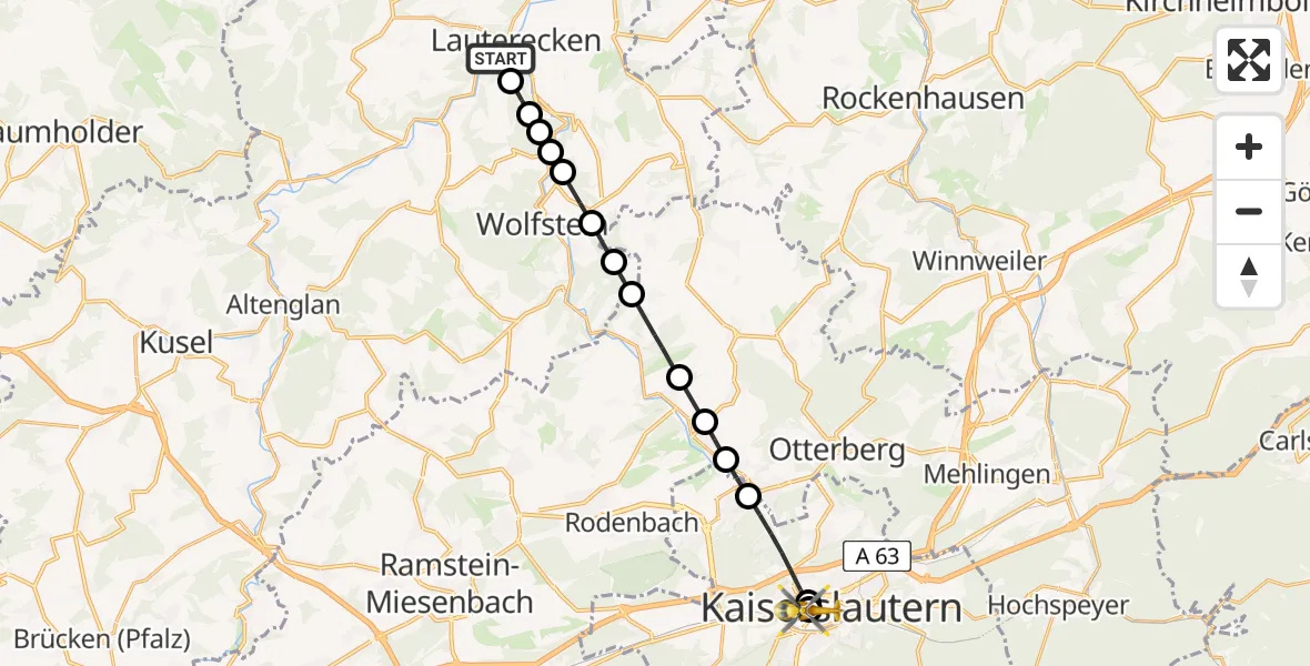 Flugroute Rettungshubschrauber Lauterecken - Westpfalz Hospital Kaiserslautern, 21 Mai 2026, 14:56