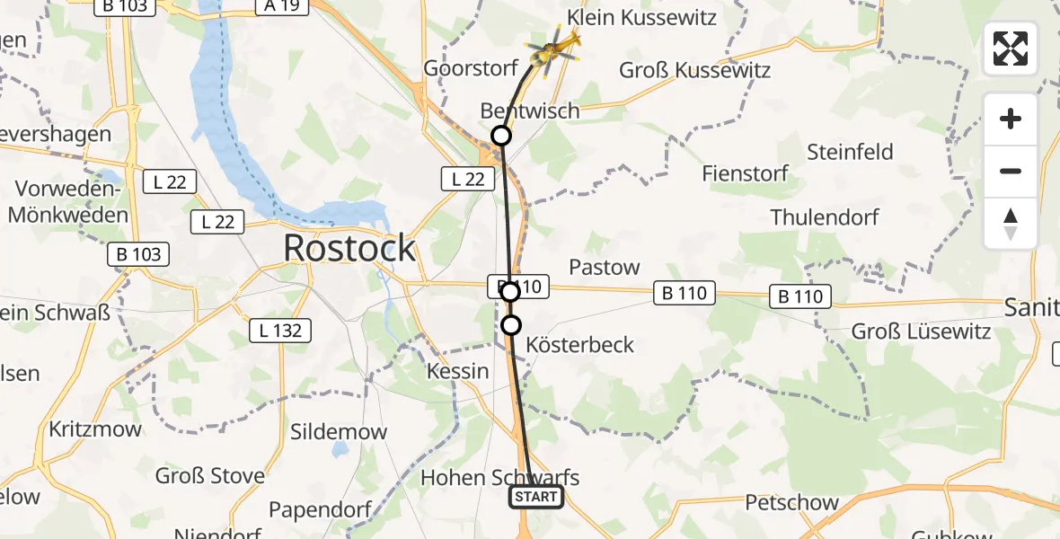 Flugroute Ambulanzhubschrauber Dummerstorf - Bentwisch, 21 Mai 2026, 15:01