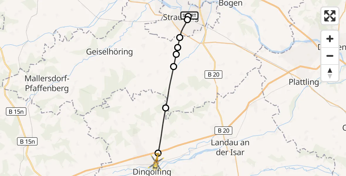 Flugroute Rettungshubschrauber Sankt Elisabeth Hospital Straubing - Dingolfing, 21 Mai 2026, 15:02