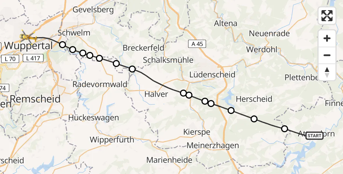 Flugroute Rettungshubschrauber Attendorn - Wuppertal, 21 Mai 2026, 15:04