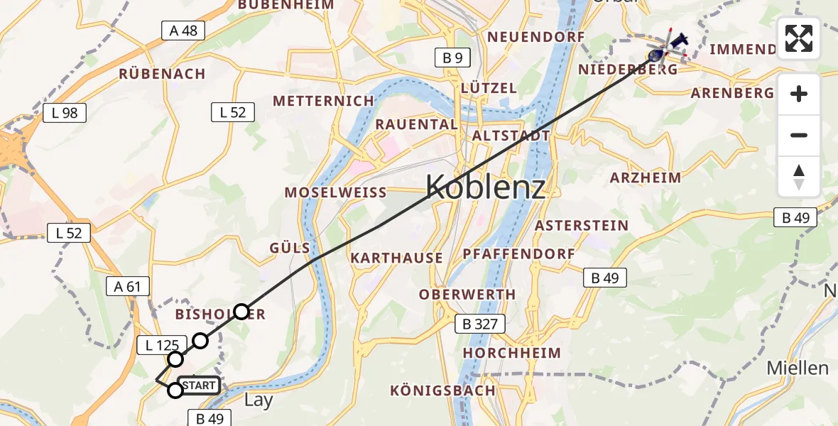 Flugroute Polizeihubschrauber Koblenz-Winningen Flugplatz - Koblenz, 21 Mai 2026, 15:06