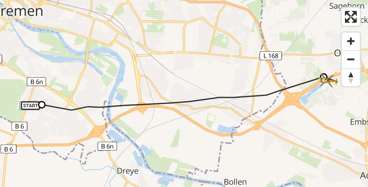 Flugroute Rettungshubschrauber ADAC Air Rescue Station Bremen Hubschrauberlandeplatz (Christoph 6) - Oyten, 21 Mai 2026, 15:18