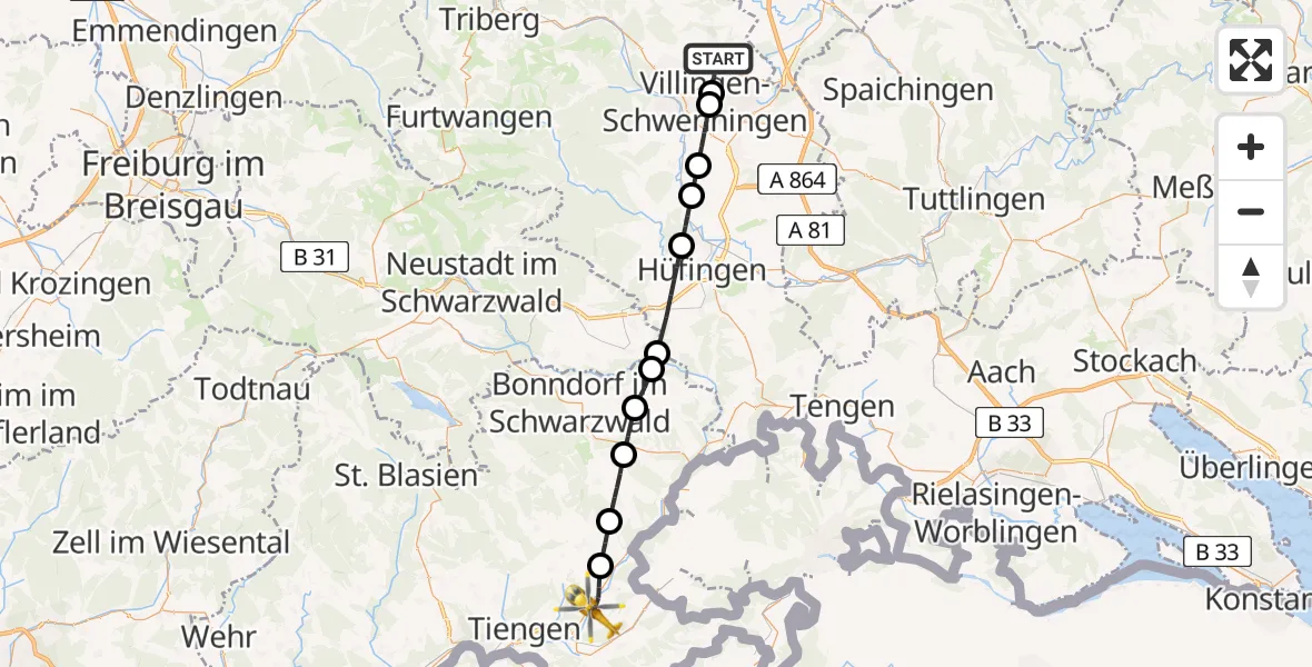 Flugroute Ambulanzhubschrauber Villingen-Schwenningen - Wutöschingen, 21 Mai 2026, 15:21