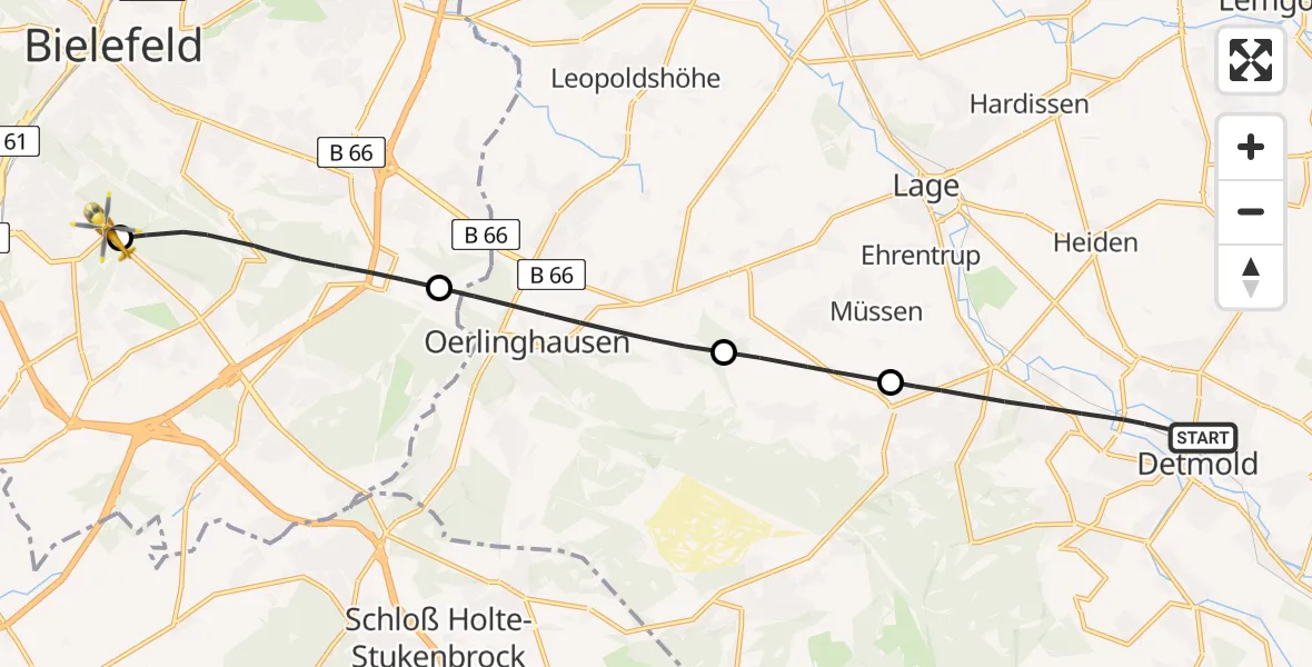 Flugroute Rettungshubschrauber Detmold - Luftrettungszentrum Bielefeld, 21 Mai 2026, 15:23