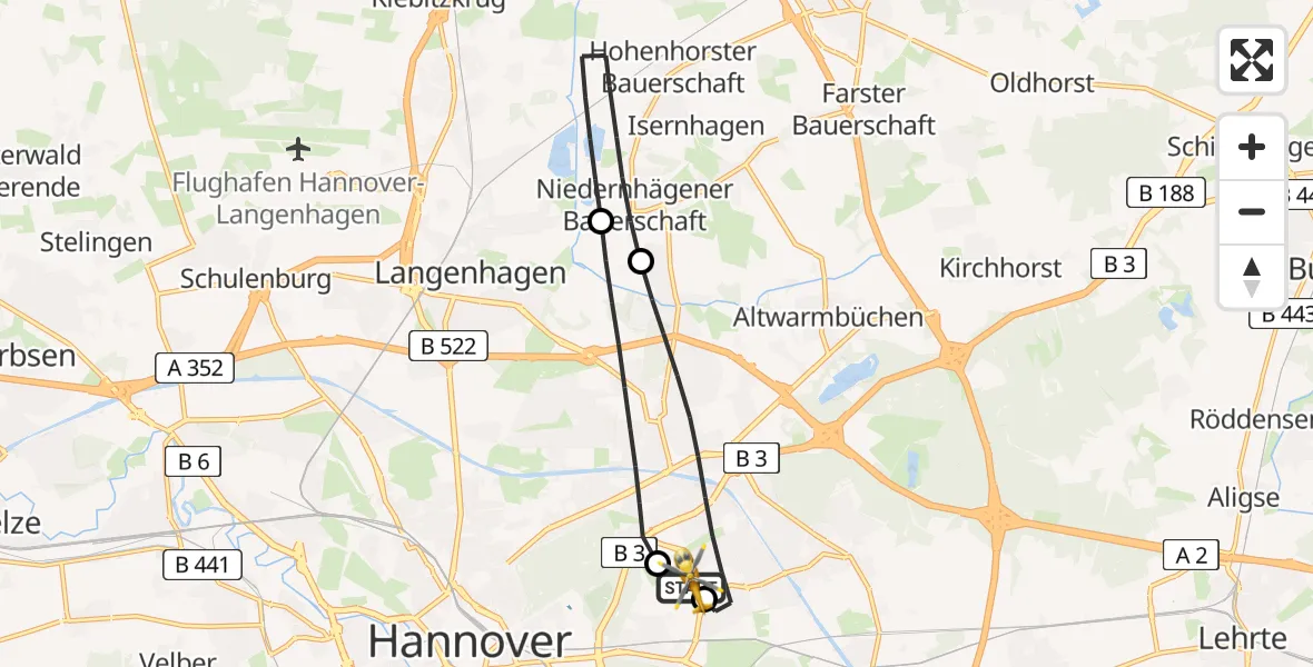 Flugroute Rettungshubschrauber Hannover Luftrettung Hubschrauberlandeplatz (Christoph 4) - Hannover Luftrettung Hubschrauberlandeplatz (Christoph 4), 21 Mai 2026, 15:27