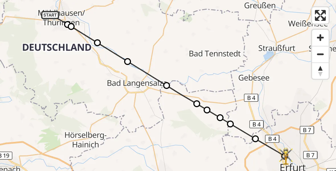Flugroute Ambulanzhubschrauber Mühlhausen/Thüringen - Helios Clinic Erfurt, 21 Mai 2026, 15:27
