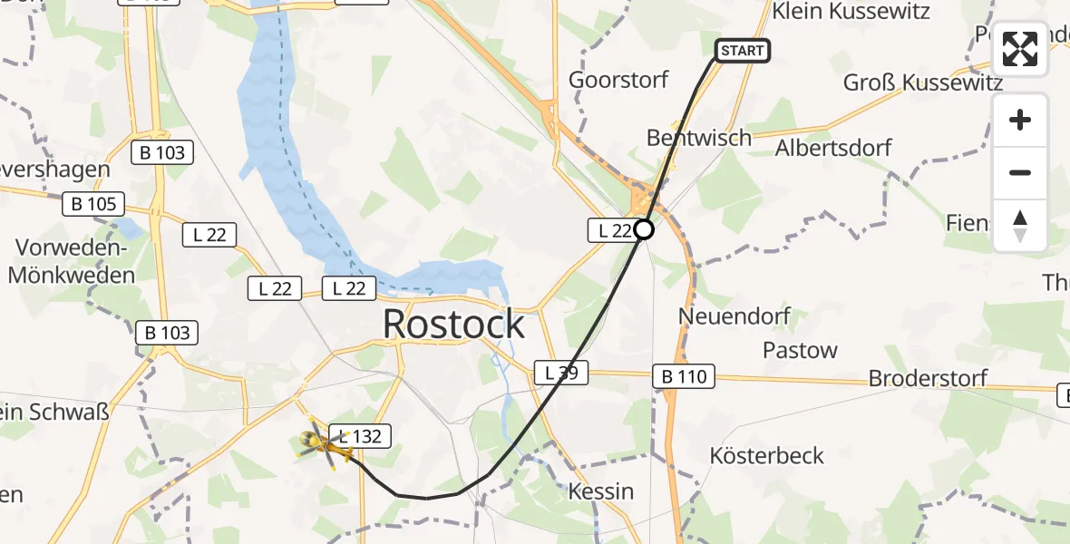 Flugroute Ambulanzhubschrauber Bentwisch - Rostock, 21 Mai 2026, 15:28