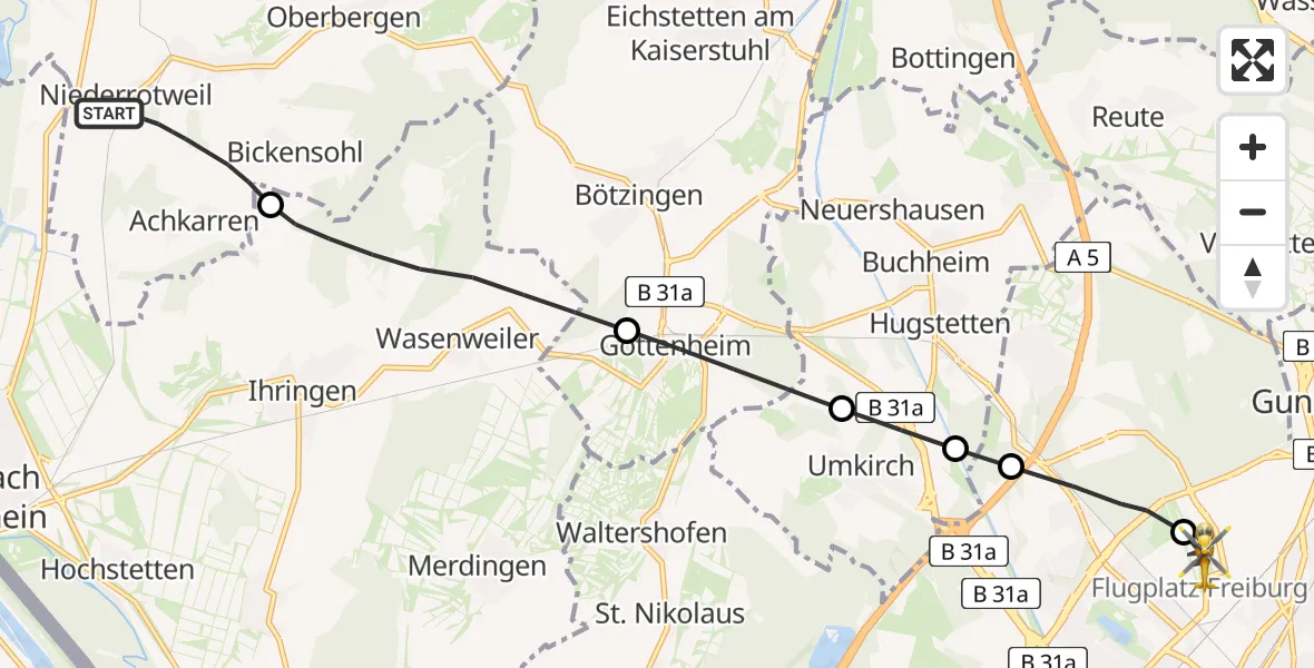 Flugroute Rettungshubschrauber Vogtsburg im Kaiserstuhl - Freiburg im Breisgau Flugplatz, 21 Mai 2026, 15:28