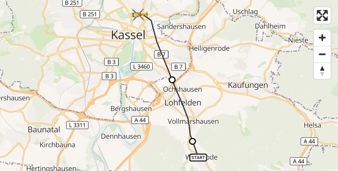 Flugroute Rettungshubschrauber Söhrewald - Kassel, 21 Mai 2026, 15:29