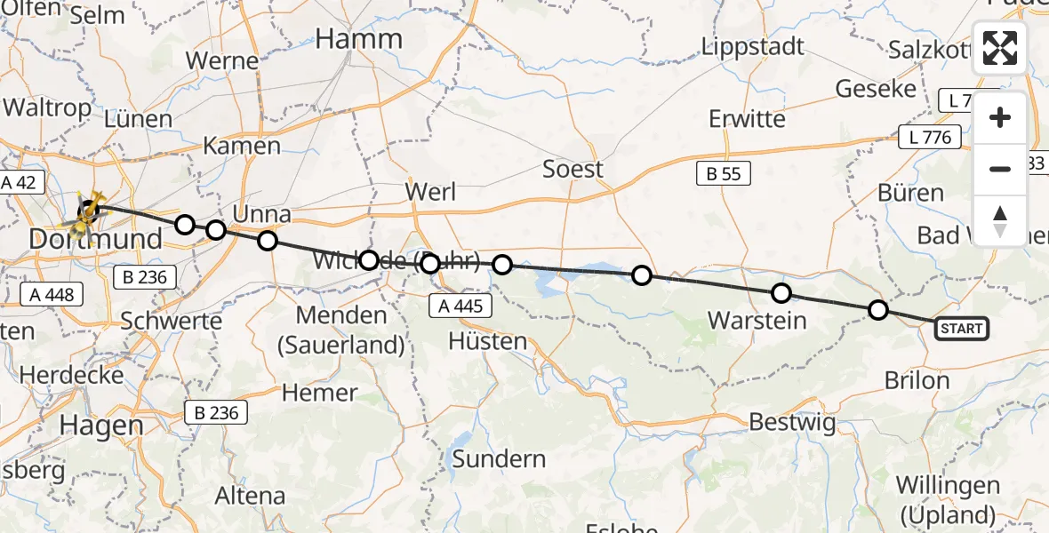 Flugroute Rettungshubschrauber Brilon - Dortmund Hospital North, 21 Mai 2026, 15:31