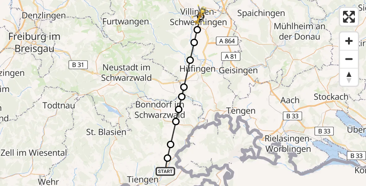 Flugroute Ambulanzhubschrauber Wutöschingen - DRF Air Rescue Station Villingen-Schwenningen Hubschrauberlandeplatz (Christoph 11), 21 Mai 2026, 15:55