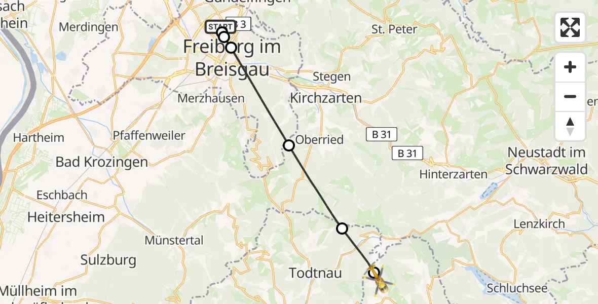 Flugroute Rettungshubschrauber Freiburg im Breisgau Flugplatz - Bernau im Schwarzwald, 21 Mai 2026, 15:58