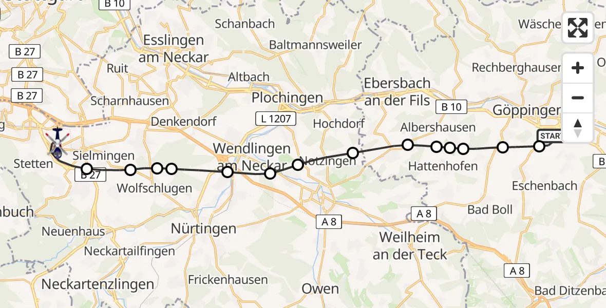 Flugroute Polizeihubschrauber Göppingen - Flughafen Stuttgart, 21 Mai 2026, 16:02