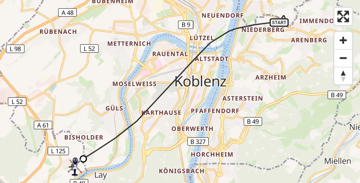 Flugroute Polizeihubschrauber Koblenz - Koblenz-Winningen Flugplatz, 21 Mai 2026, 16:02