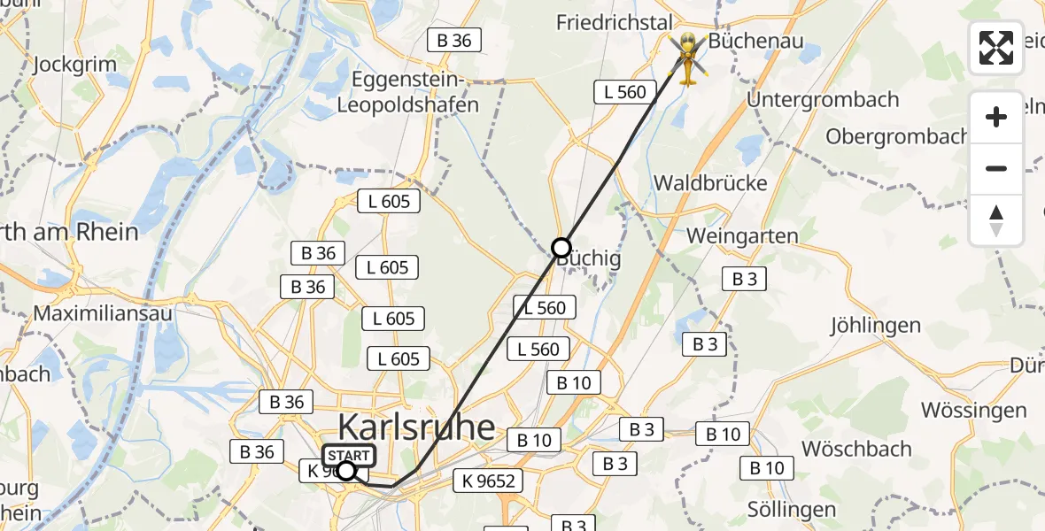 Flugroute Rettungshubschrauber Sankt Vincentius Hospital - Stutensee, 21 Mai 2026, 16:05