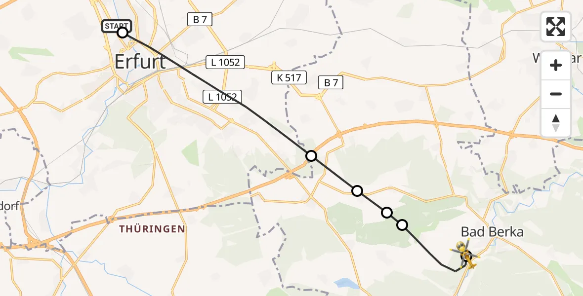 Flugroute Ambulanzhubschrauber Helios Clinic Erfurt - Bad Berka Central Hospital, 21 Mai 2026, 16:07