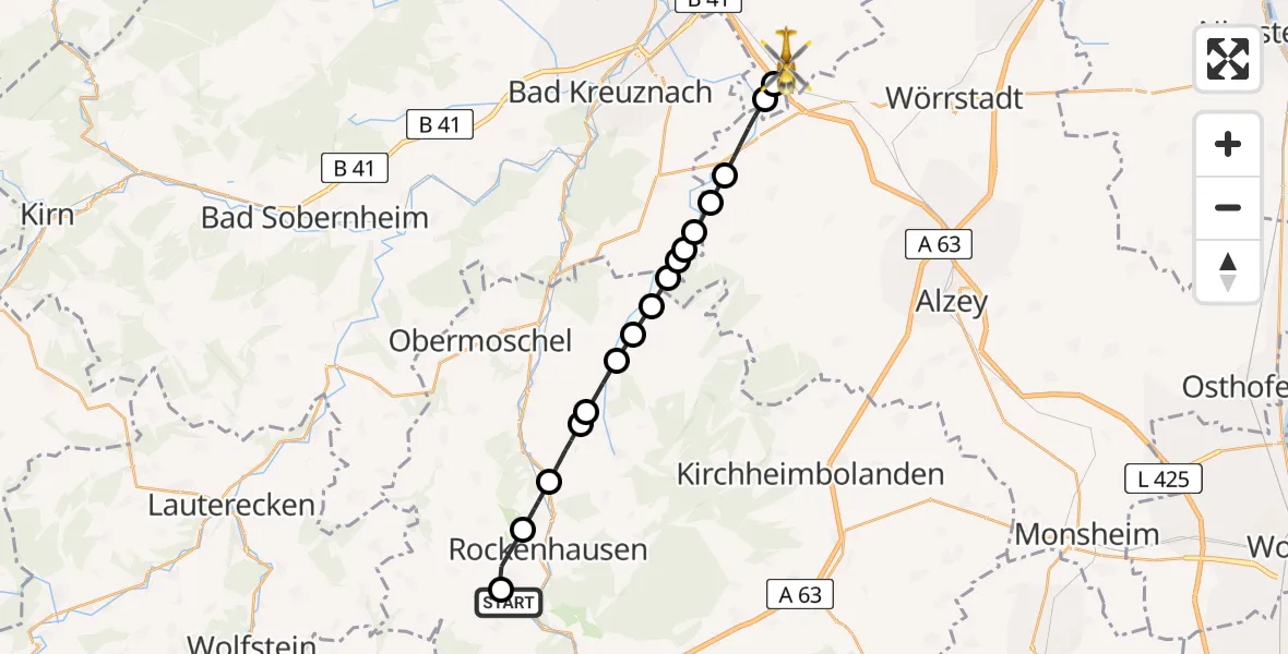 Flugroute Rettungshubschrauber Imsweiler UL - Sprendlingen, 21 Mai 2026, 16:09