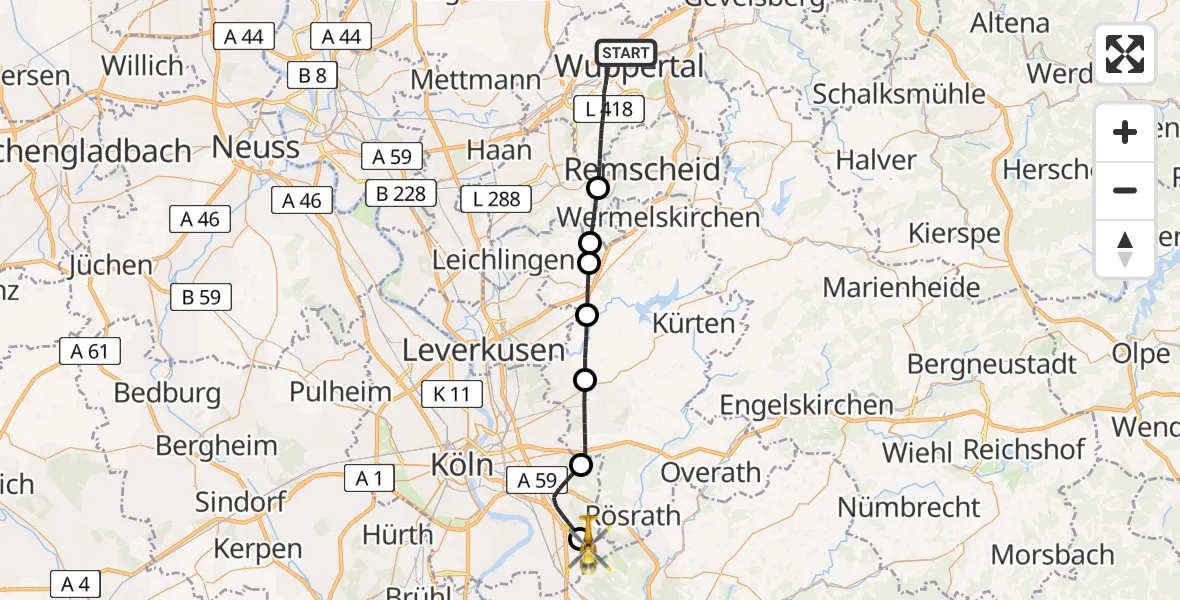 Flugroute Rettungshubschrauber Wuppertal - Köln Bonn Flughafen, 21 Mai 2026, 16:11