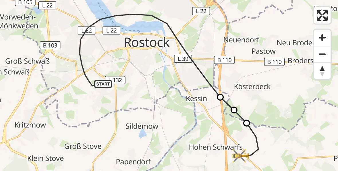 Flugroute Ambulanzhubschrauber Rostock - Dummerstorf, 21 Mai 2026, 16:12
