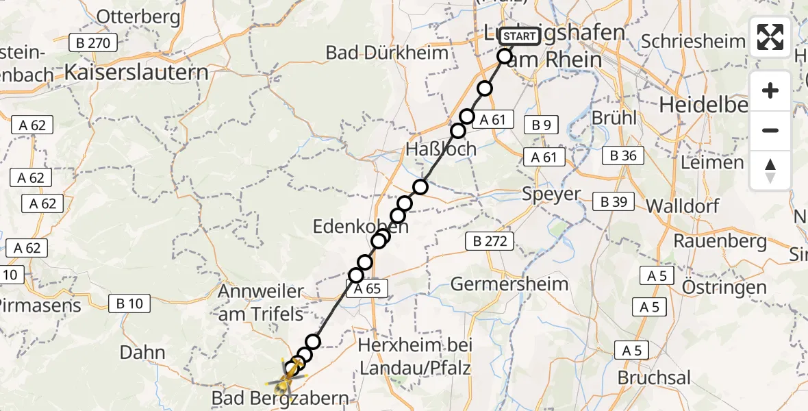Flugroute Rettungshubschrauber Ludwigshafen am Rhein - Gleiszellen-Gleishorbach, 21 Mai 2026, 16:13