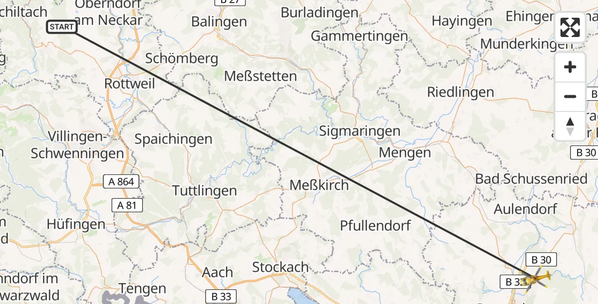 Flugroute Rettungshubschrauber Schramberg - Baienfurt, 21 Mai 2026, 16:21