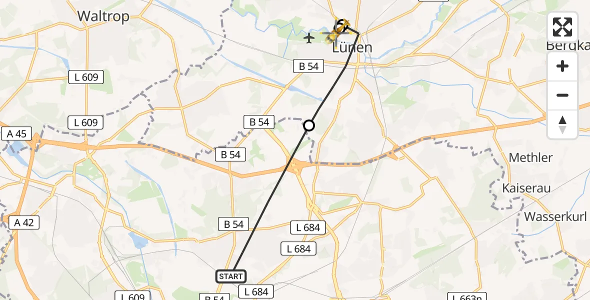 Flugroute Rettungshubschrauber Dortmund - Sankt Marien Hospital, 21 Mai 2026, 16:21