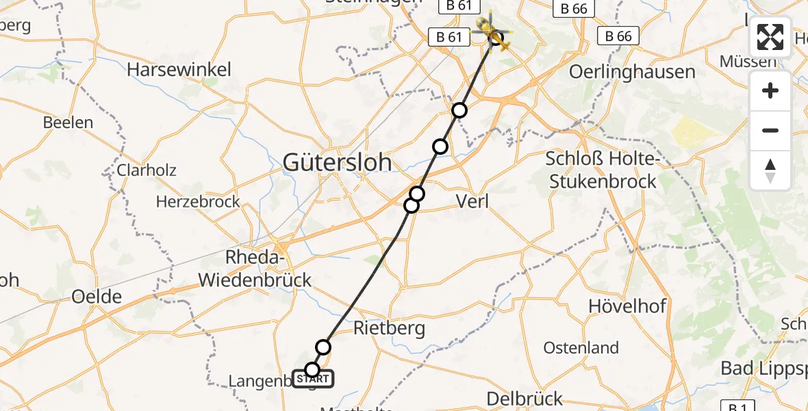 Flugroute Rettungshubschrauber Rietberg - Luftrettungszentrum Bielefeld, 21 Mai 2026, 16:23